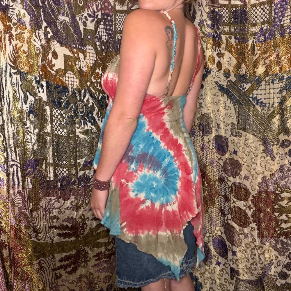 Y2K Fairycore Asymmetric Handkerchief Hem Tie Dye Whimsy Babydoll Top Size M